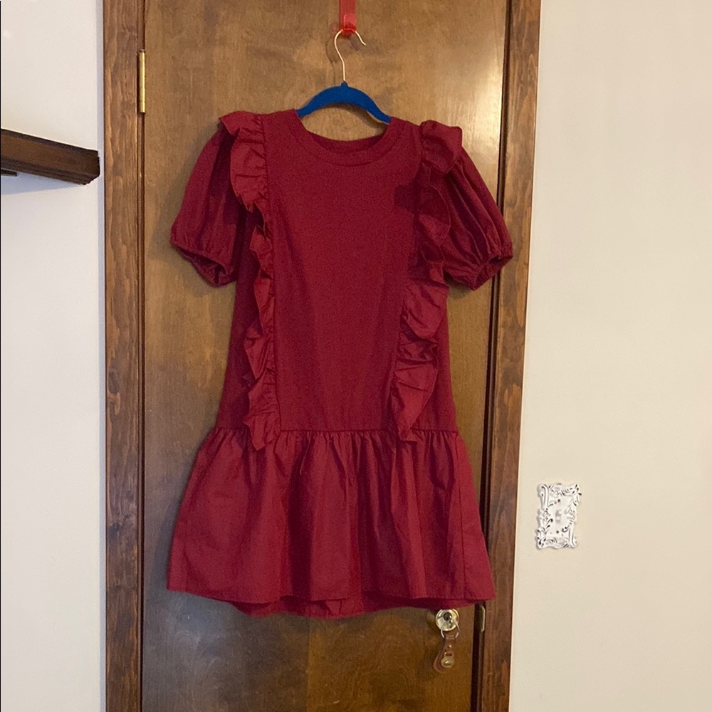 Red Ruffled Midi Dress with Puff Sleeves